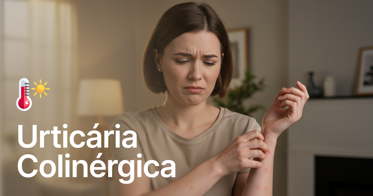 Mulher desconfortável coçando os braços com pontos vermelhos causado por urticária colinérgica